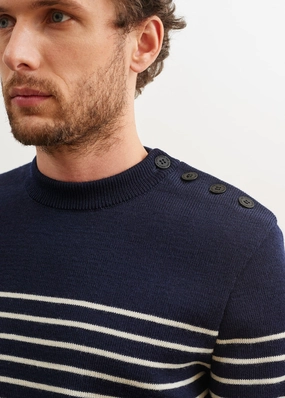 BINIC - Authentic Striped Fisherman Sweater With Shoulder Buttons in Wool | Loose Fit (NAVY / ECRU) Soft Knit Layer Knit Fabric
