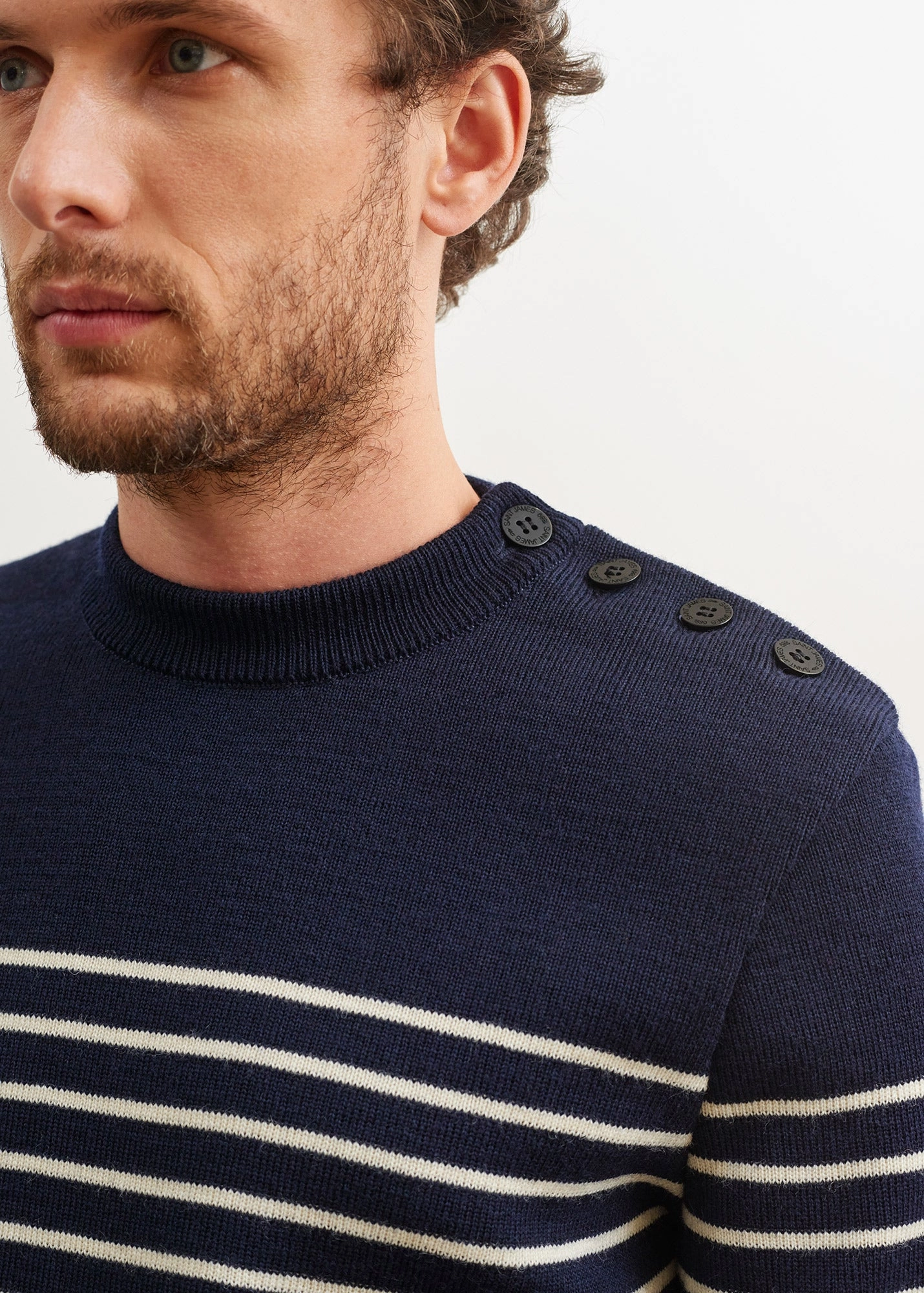 Soft Texture All Season Knit BINIC - Authentic Striped Fisherman Sweater With Shoulder Buttons in Wool | Loose Fit (NAVY / ECRU)