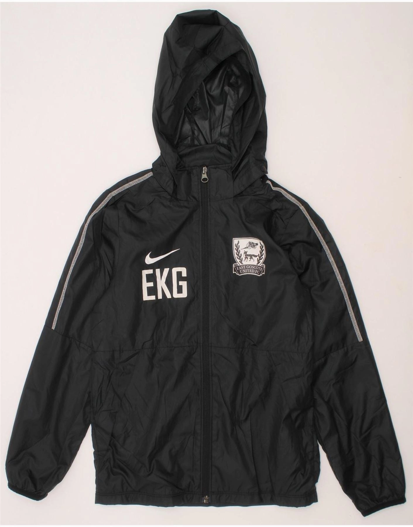 NIKE Boys Graphic Hooded Rain Jacket 10-11 Years Medium Black Polyester Hidden Compartments