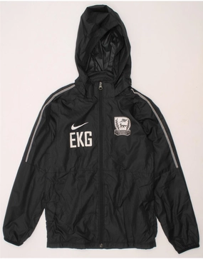 NIKE Boys Graphic Hooded Rain Jacket 10-11 Years Medium Black Polyester Hidden Compartments