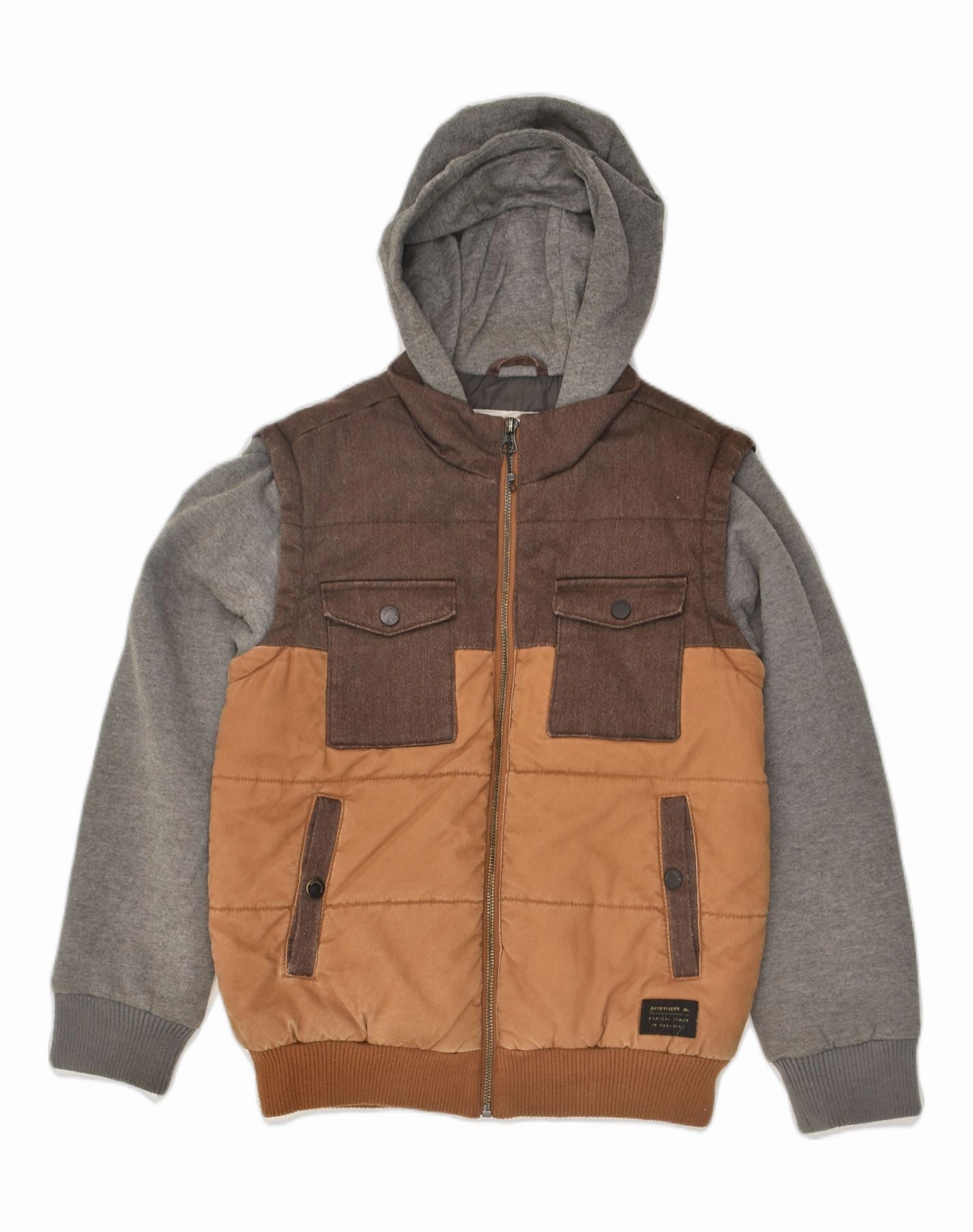 QUIKSILVER Boys Hooded Padded Jacket 9-10 Years Brown Colourblock Cotton Quick Zip suitable for graduations