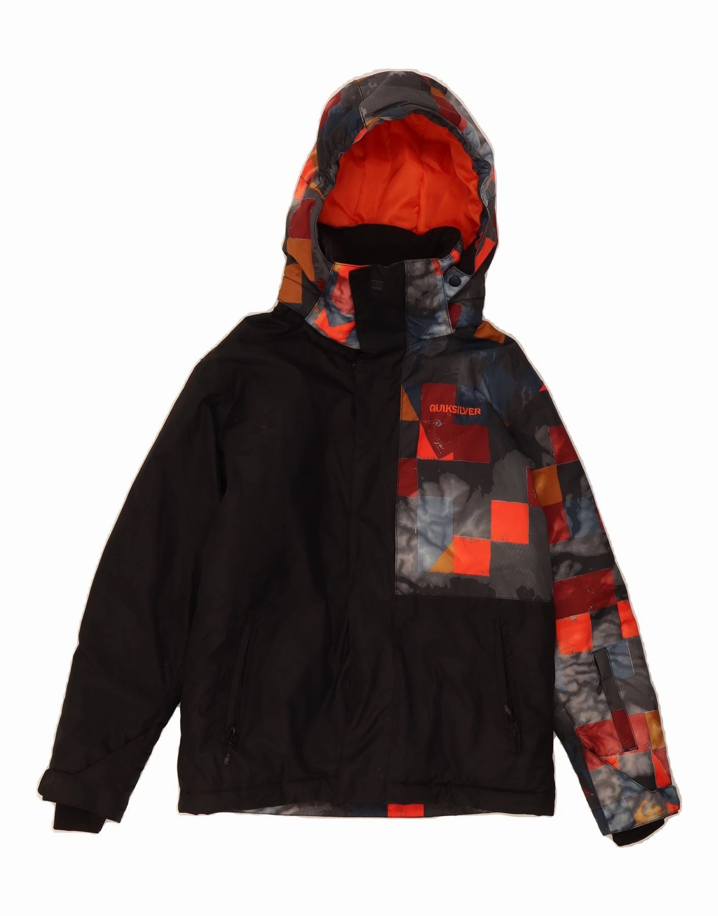 QUIKSILVER Boys Hooded Windbreaker Jacket 11-12 Years Black Geometric Ornamental