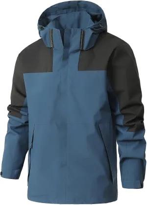 Rain Jacket for Men Color Block Waterproof Raincoat Lightweight Rain Coat Outdoor Windbreaker with Hood&Zipper Pocket