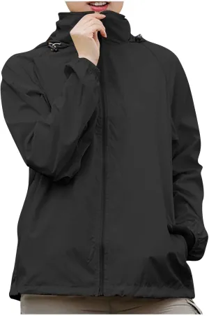 Rain Jacket for Women Lightweight Waterproof Raincoat Windbreaker Zip Up Jackets Outdoor Hooded Trench Coats