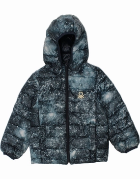 BENETTON Boys Hooded Padded Jacket 5-6 Years Navy Blue Tie Dye Hexagonal Quilted Pattern