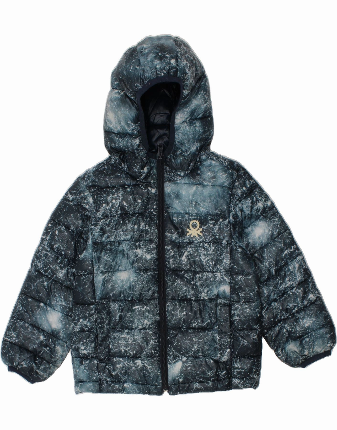 BENETTON Boys Hooded Padded Jacket 5-6 Years Navy Blue Tie Dye Hexagonal Quilted Pattern