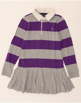 RALPH LAUREN Girls Long Sleeve Polo Dress 12-13 Years Large  Grey Striped Wrinkle-Resistant