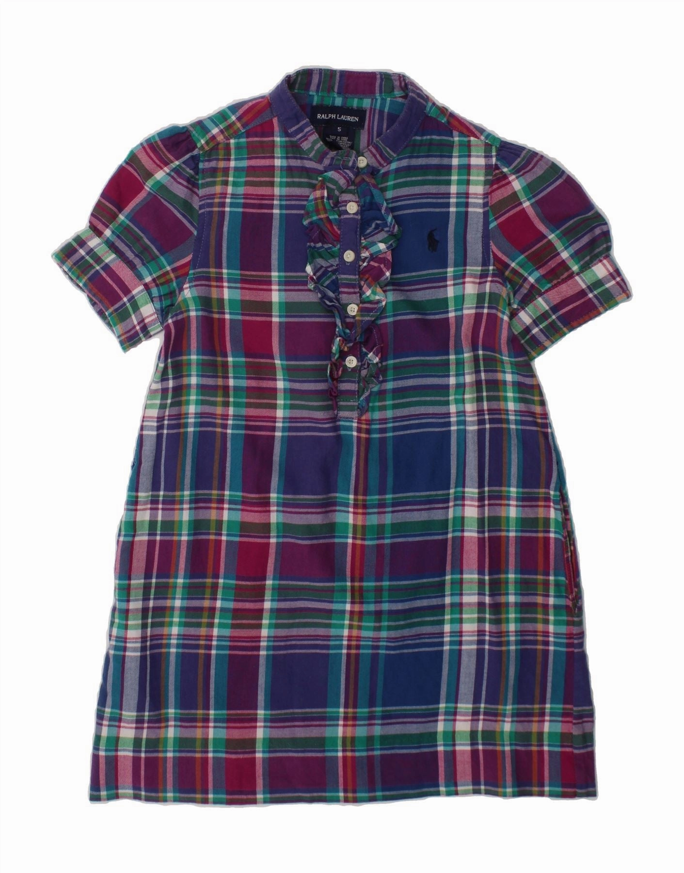 Love Energy RALPH LAUREN Girls Ruffle Front A-Line Dress 4-5 Years Navy Blue Check