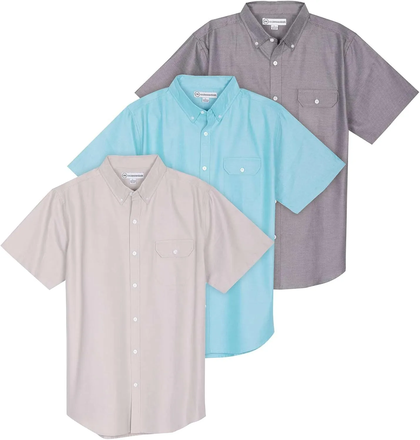 Real Essentials 3 Pack Men's Short-Sleeve Oxford Solid Button Down Collar Casual Shirts with Pocket (Available in Big & Tall)