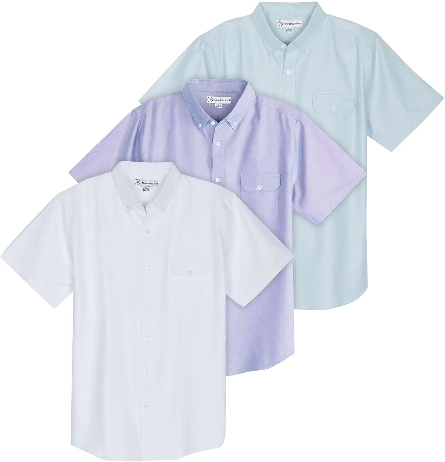 Real Essentials 3 Pack Men's Short-Sleeve Oxford Solid Button Down Collar Casual Shirts with Pocket (Available in Big & Tall)