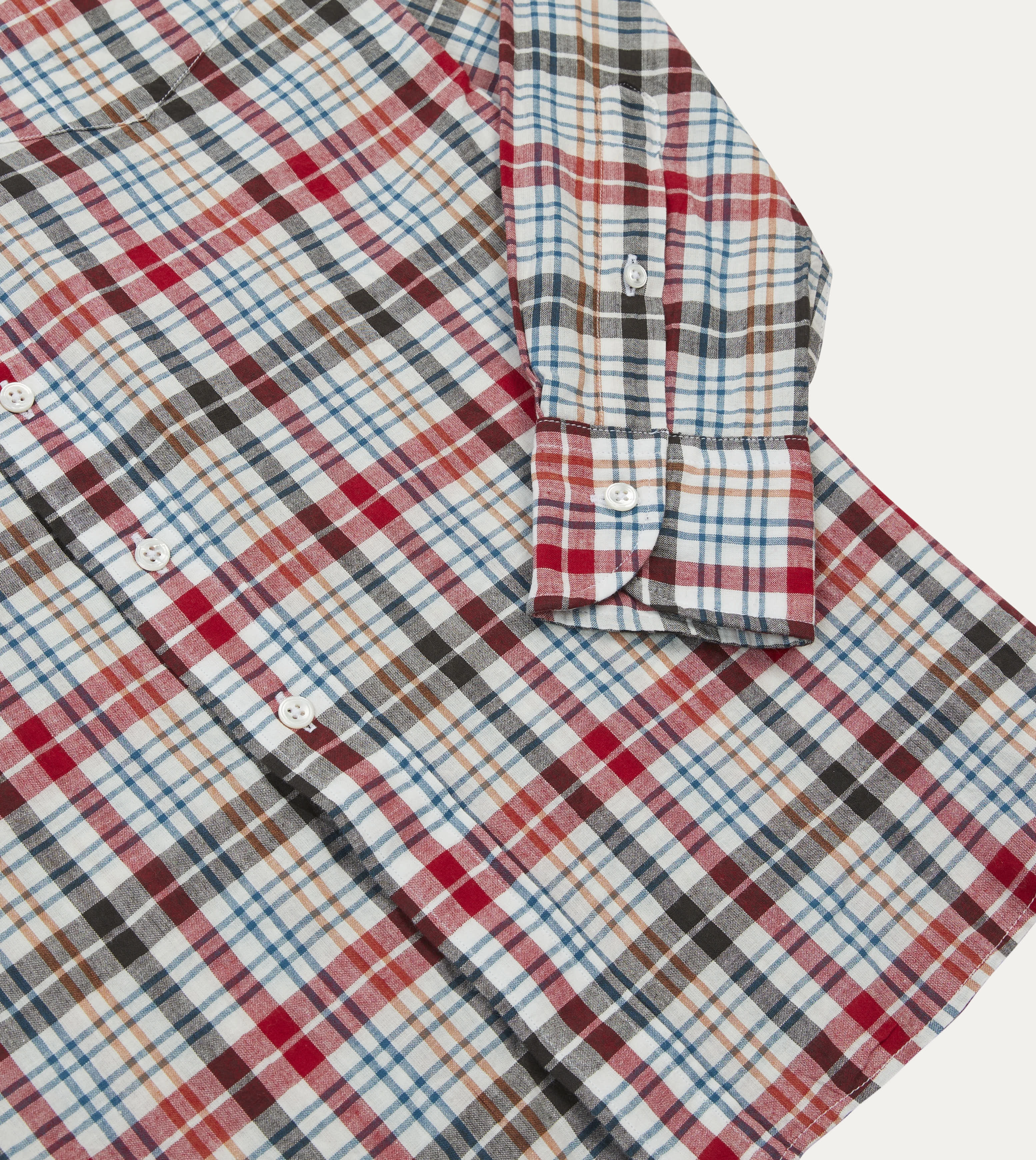 Flexible Shoulder Construction Red and Black Madras Check Cotton Button-Down Shirt