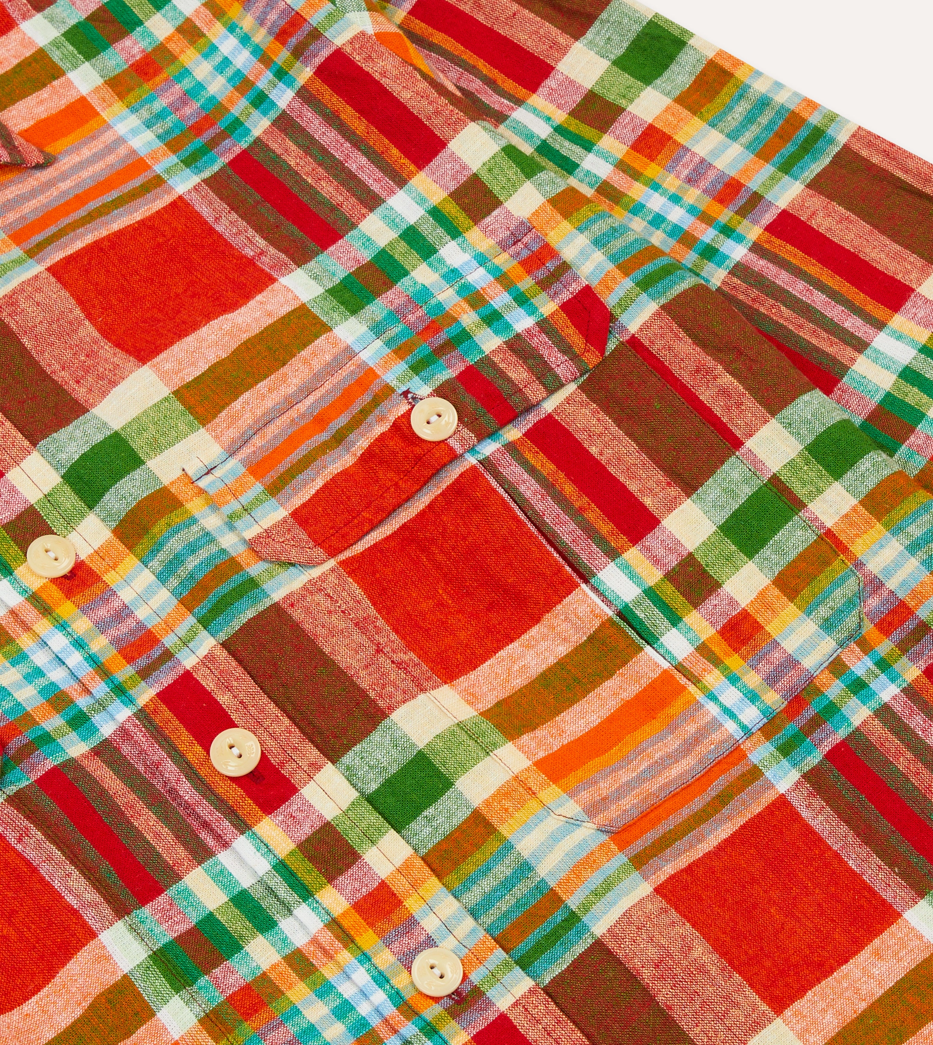Red and Green Madras Check Cotton-Linen Two-Pocket Work Shirt Classy Detail Edgy Design