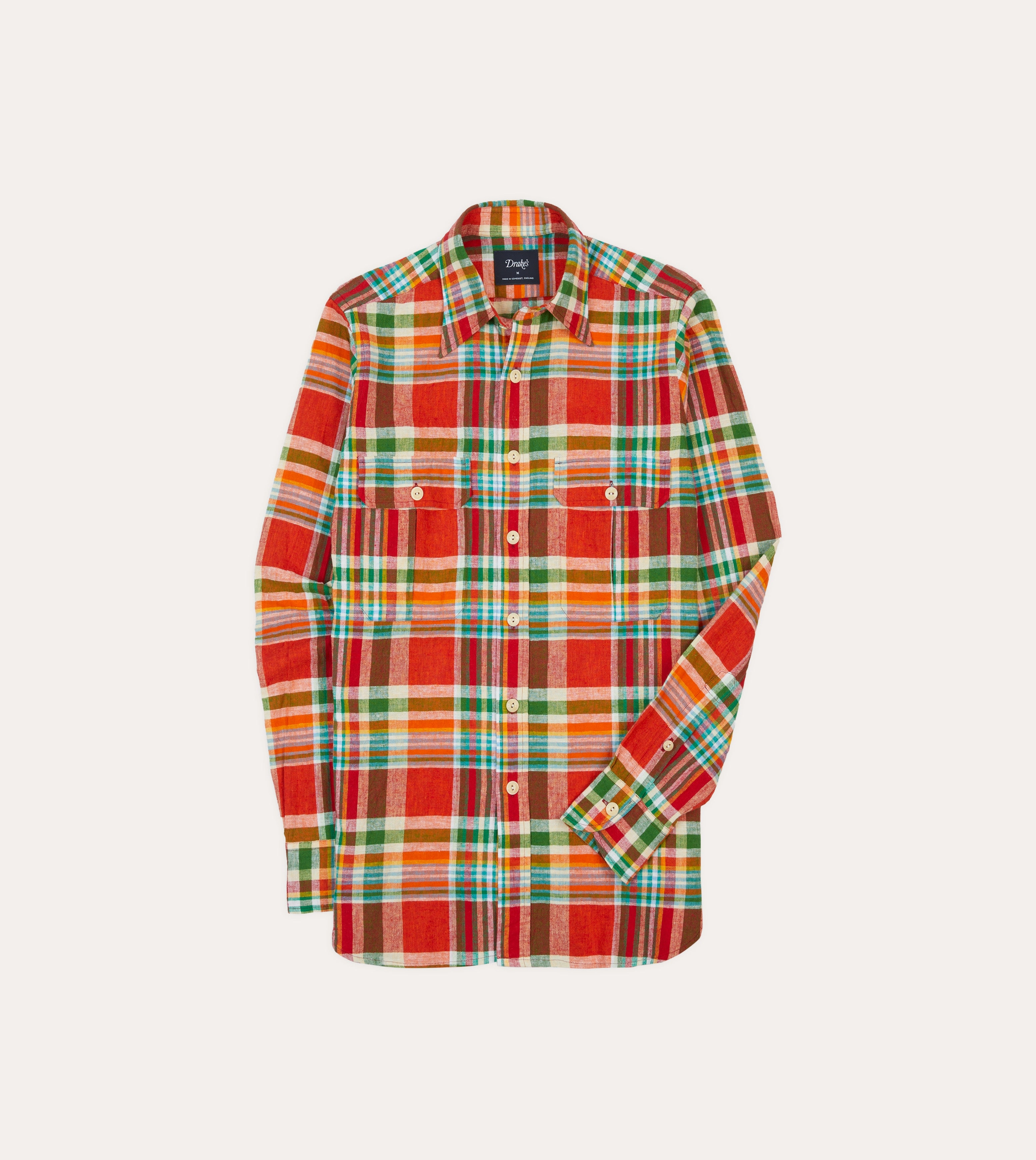 Red and Green Madras Check Cotton-Linen Two-Pocket Work Shirt Corporate Event Comfortable Wear