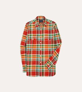 Red and Green Madras Check Cotton-Linen Two-Pocket Work Shirt Corporate Event Comfortable Wear