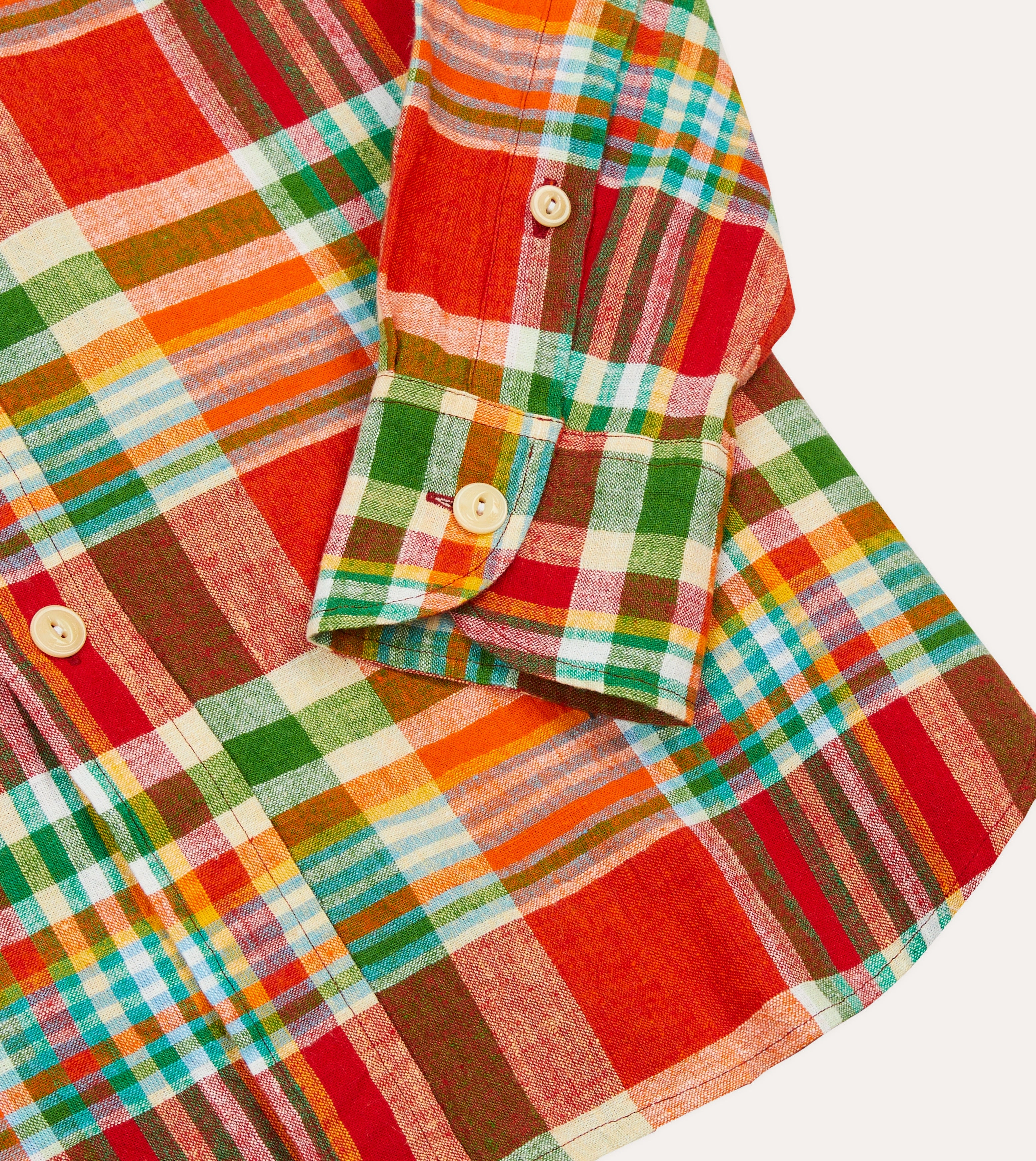 Anti Pilling Treatment Red and Green Madras Check Cotton-Linen Two-Pocket Work Shirt