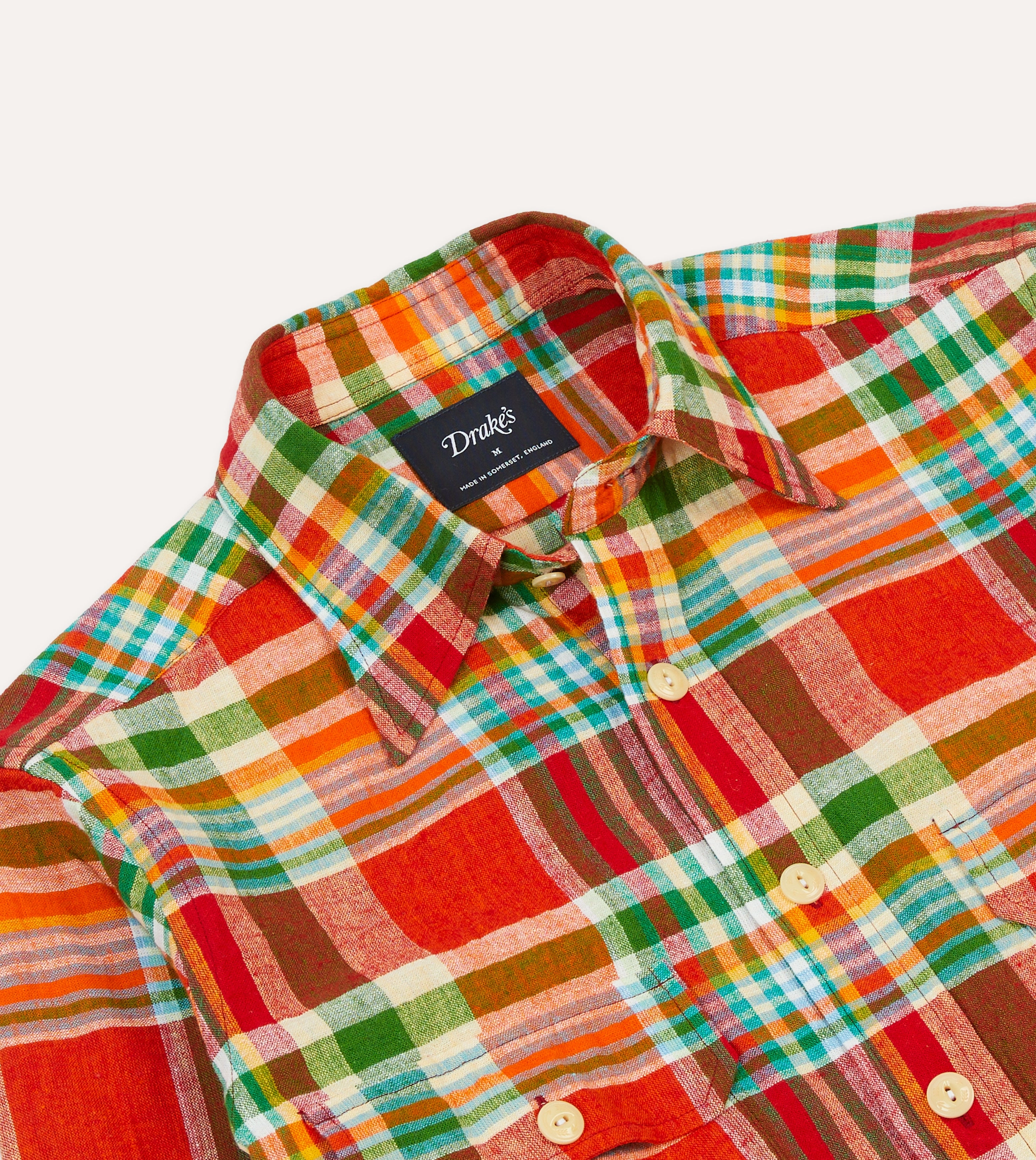 Red and Green Madras Check Cotton-Linen Two-Pocket Work Shirt Snug feel