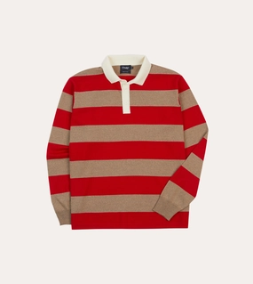 ShapeRetention Fabric Red and Tan Block Stripe Knitted Rugby Shirt
