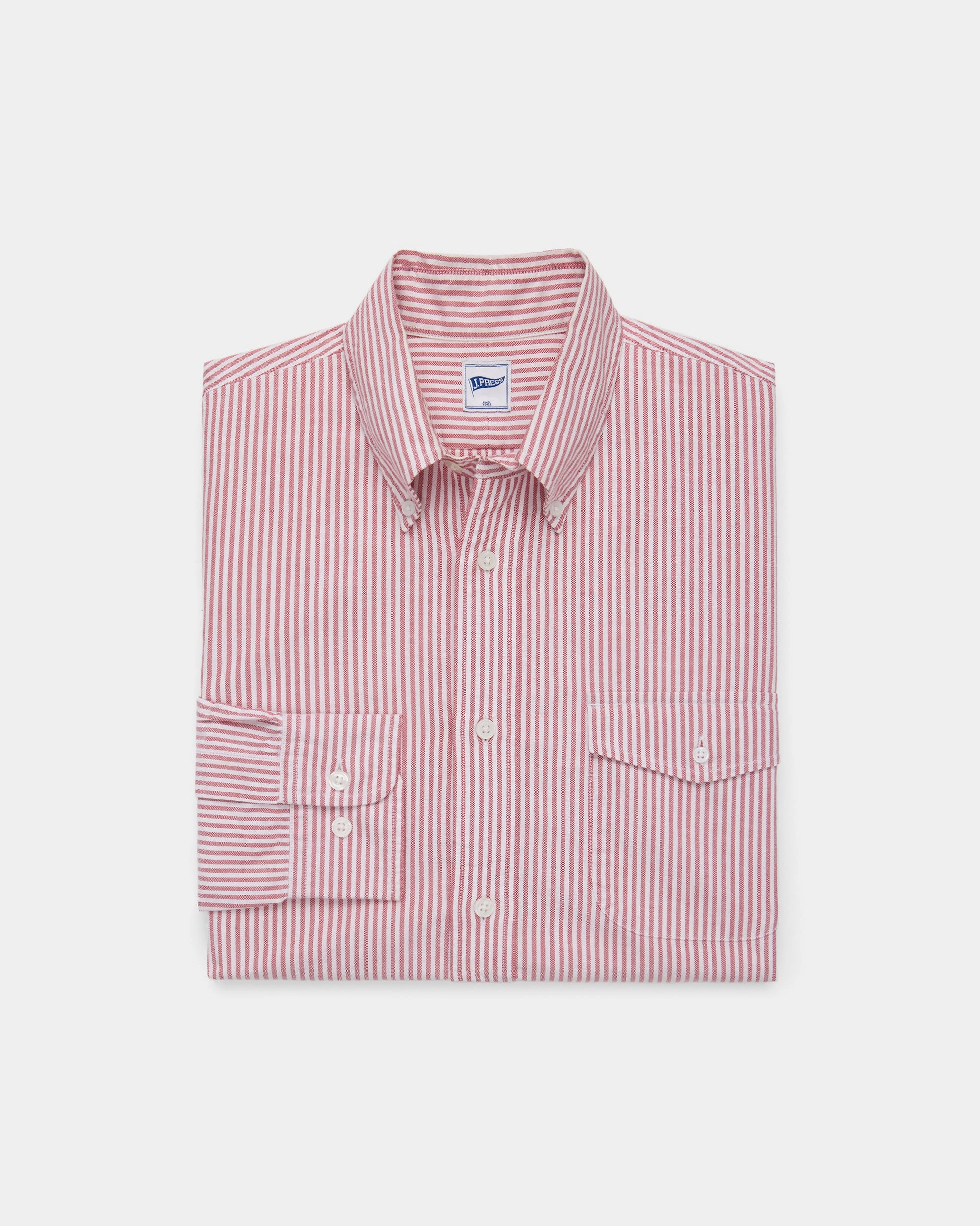 Red Enzyme-Wash Oxford Striped Shirt - Flap Pocket - Trim Fit Seamless Side Panels