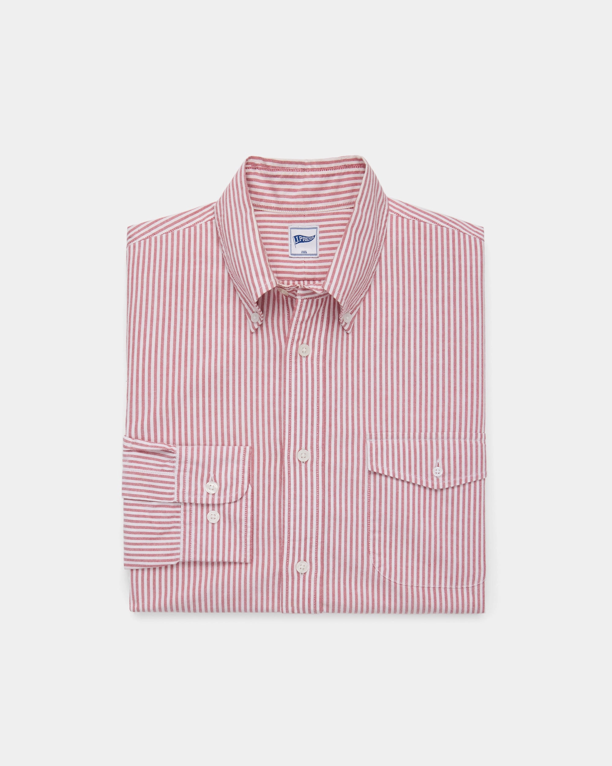 Red Enzyme-Wash Oxford Striped Shirt - Flap Pocket - Trim Fit Trendy Outfit