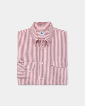 Red Enzyme-Wash Oxford Striped Shirt - Flap Pocket - Trim Fit Seamless Side Panels