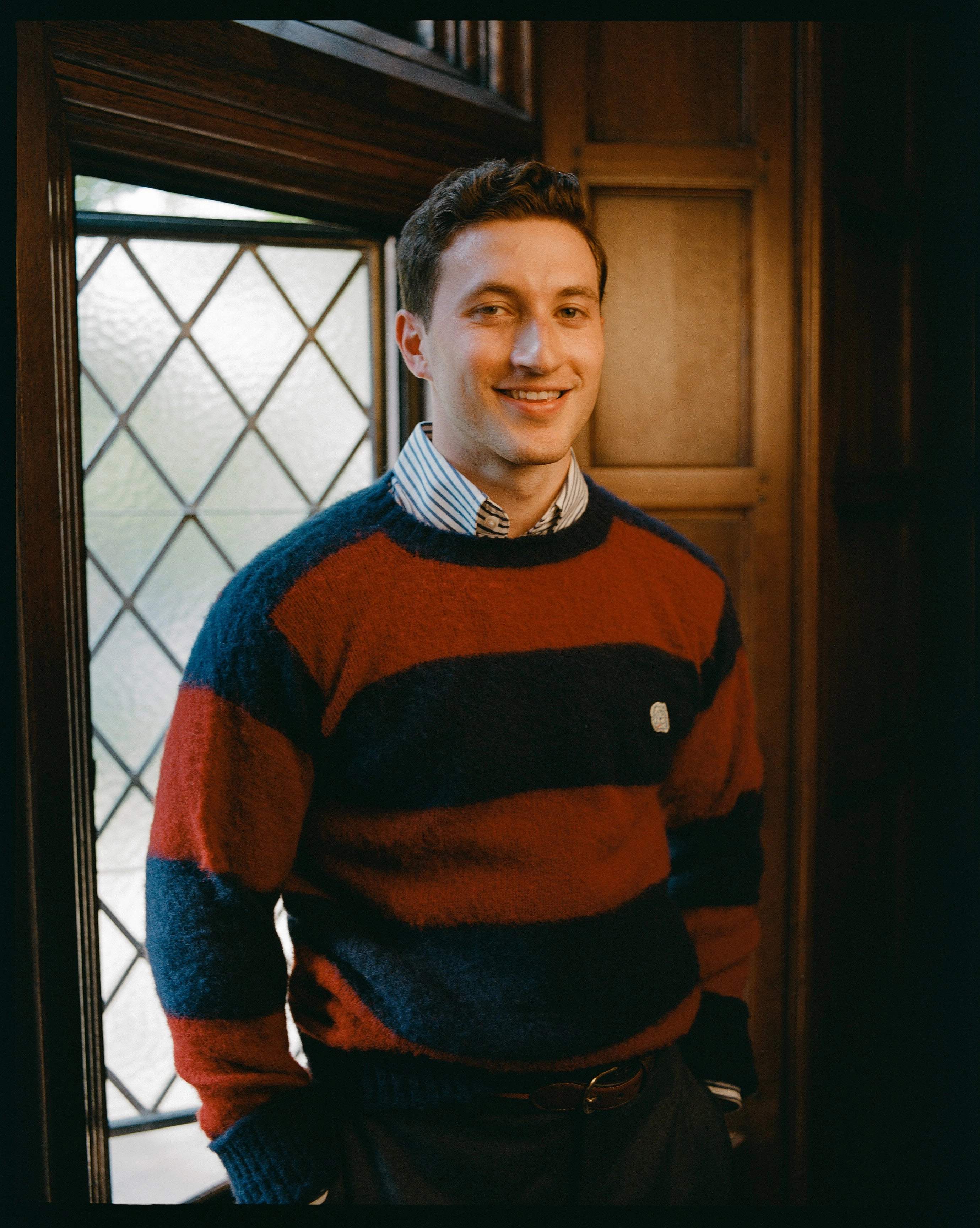Made-in-Scotland Navy & Dark Red Stripe Shaggy Dog Icon Sweater - Classic Fit Ultimate Layer