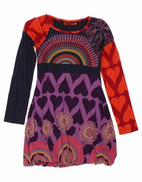 confident look DESIGUAL Girls Graphic Long Sleeve A-Line Dress 9-10 Years Multicoloured