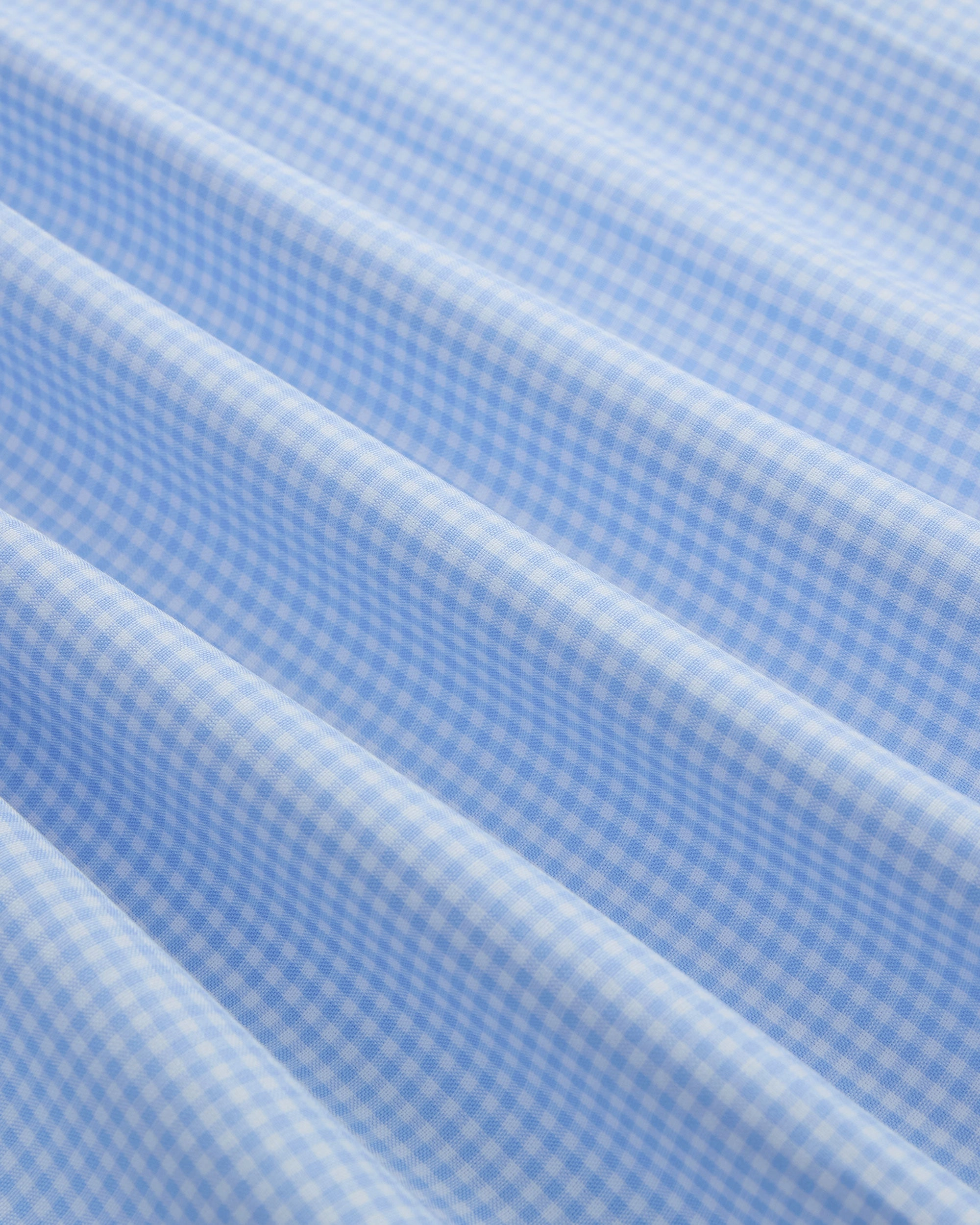 Made-in-USA Thomas Mason Light Blue Mini Gingham Button Down Shirt - Regular Fit Structured Shoulder Support Micro Perforated Texture