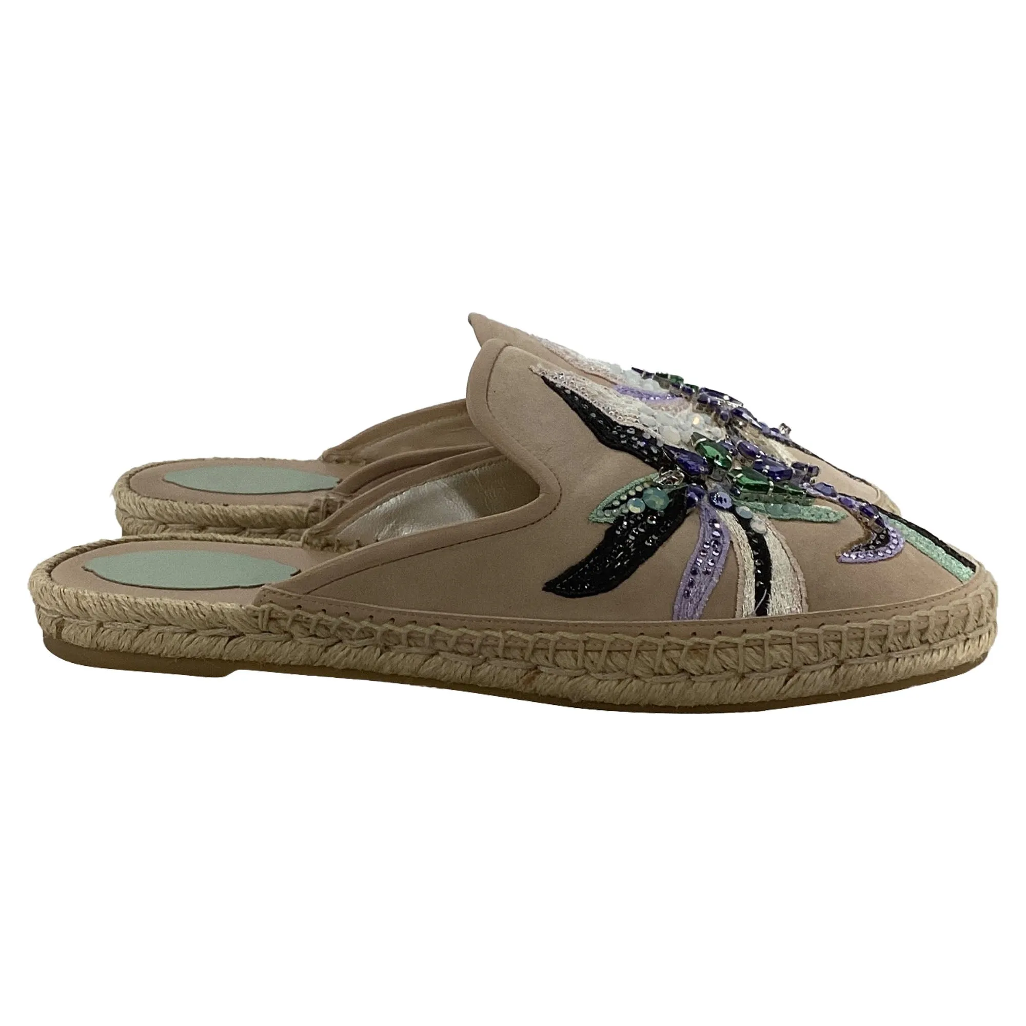 Subtle Look Ren?? Caovilla Embellished Espadrille Flat Mules in Brown Suede