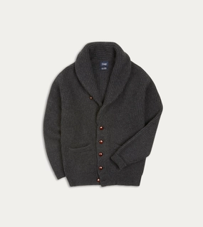 Flexible Ribbing Charcoal Cashmere Shawl Collar Cardigan