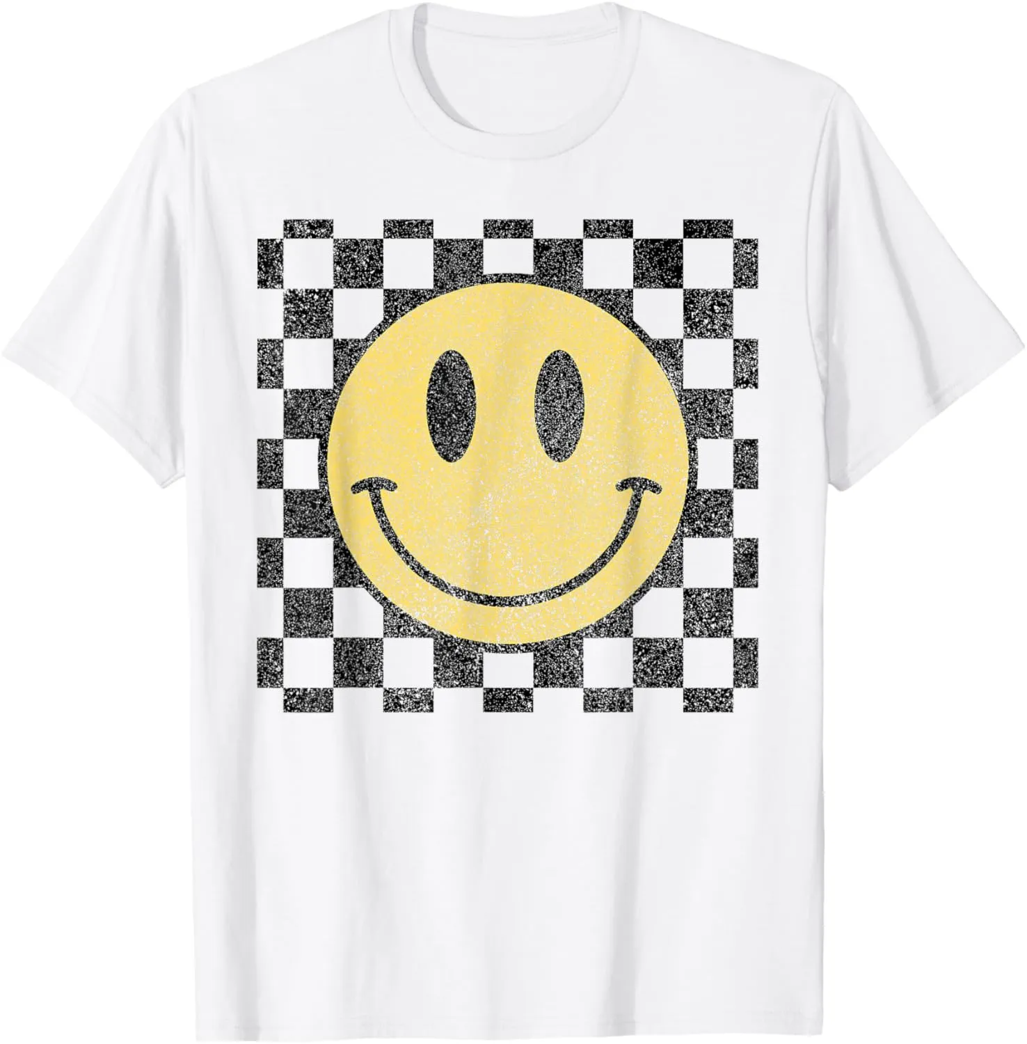 Retro Happy Face Checkered Pattern Smile Face Trendy T-Shirt
