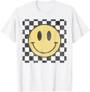 Retro Happy Face Checkered Pattern Smile Face Trendy T-Shirt