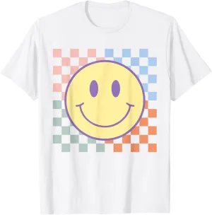 Retro Happy Face Shirt Checkered Pattern Smile Face Trendy T-Shirt