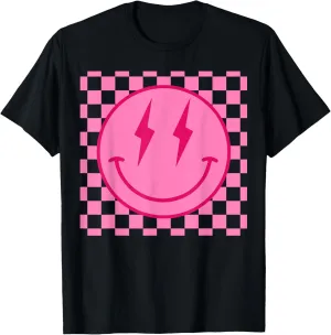 Retro Happy Face Shirt Checkered Pattern Smile Face Trendy T-Shirt
