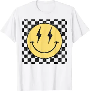 Retro Happy Face Shirt Checkered Pattern Smile Face Trendy T-Shirt