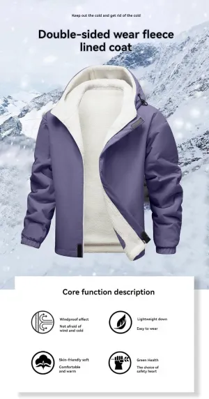 Reversible Jacket Women Men Sherpa Fleece Lined Jacket Thermal Winter Coat Thick Outwear Casual Hooded Jacket Unisex