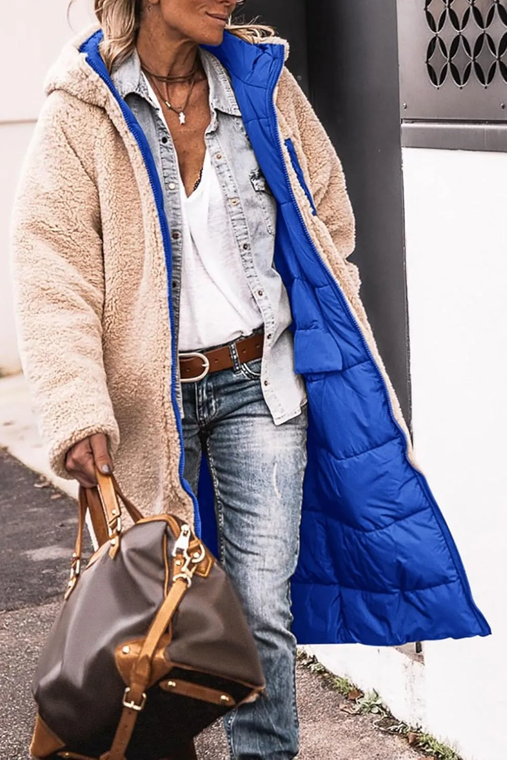 Reversible Jackets for Women Puffer Sherpa Fleece Zip Hoodie Coats Long Down Winter Warm Outerwear with Pockets
