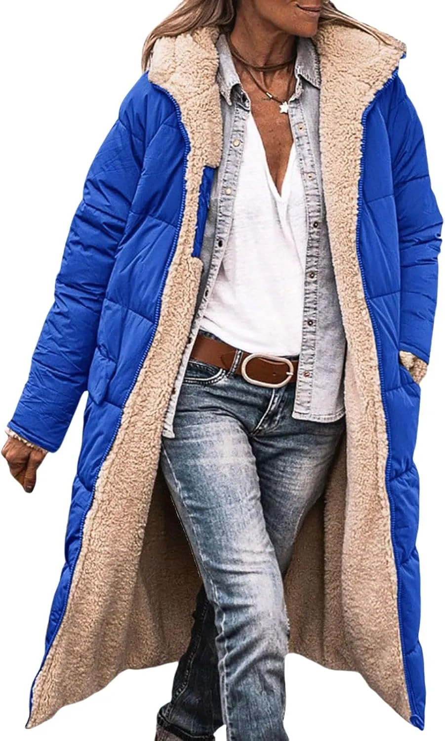 Reversible Jackets for Women Puffer Sherpa Fleece Zip Hoodie Coats Long Down Winter Warm Outerwear with Pockets
