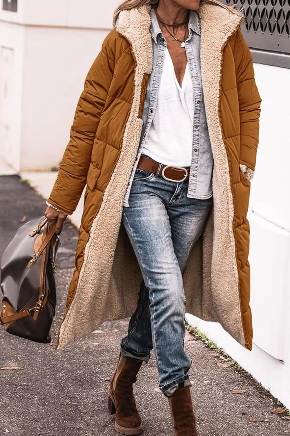 Reversible Jackets for Women Puffer Sherpa Fleece Zip Hoodie Coats Long Down Winter Warm Outerwear with Pockets
