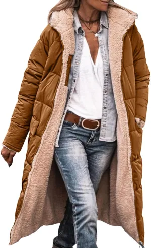 Reversible Jackets for Women Puffer Sherpa Fleece Zip Hoodie Coats Long Down Winter Warm Outerwear with Pockets