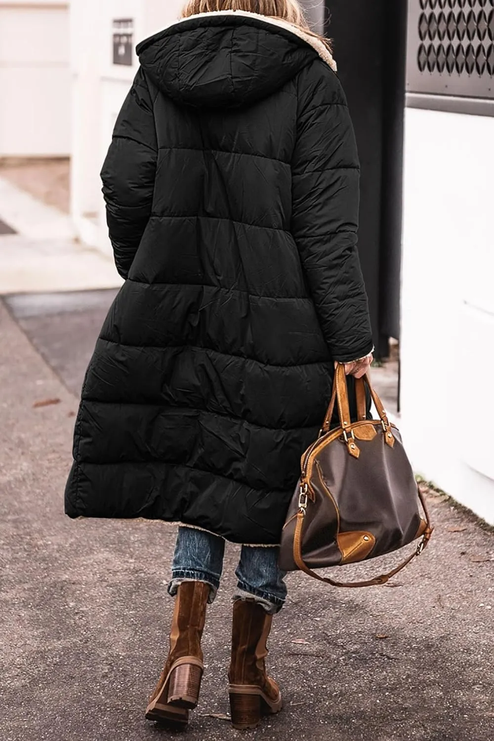 Reversible Jackets for Women Puffer Sherpa Fleece Zip Hoodie Coats Long Down Winter Warm Outerwear with Pockets