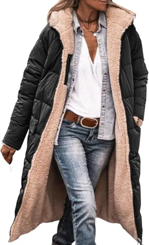 Reversible Jackets for Women Puffer Sherpa Fleece Zip Hoodie Coats Long Down Winter Warm Outerwear with Pockets