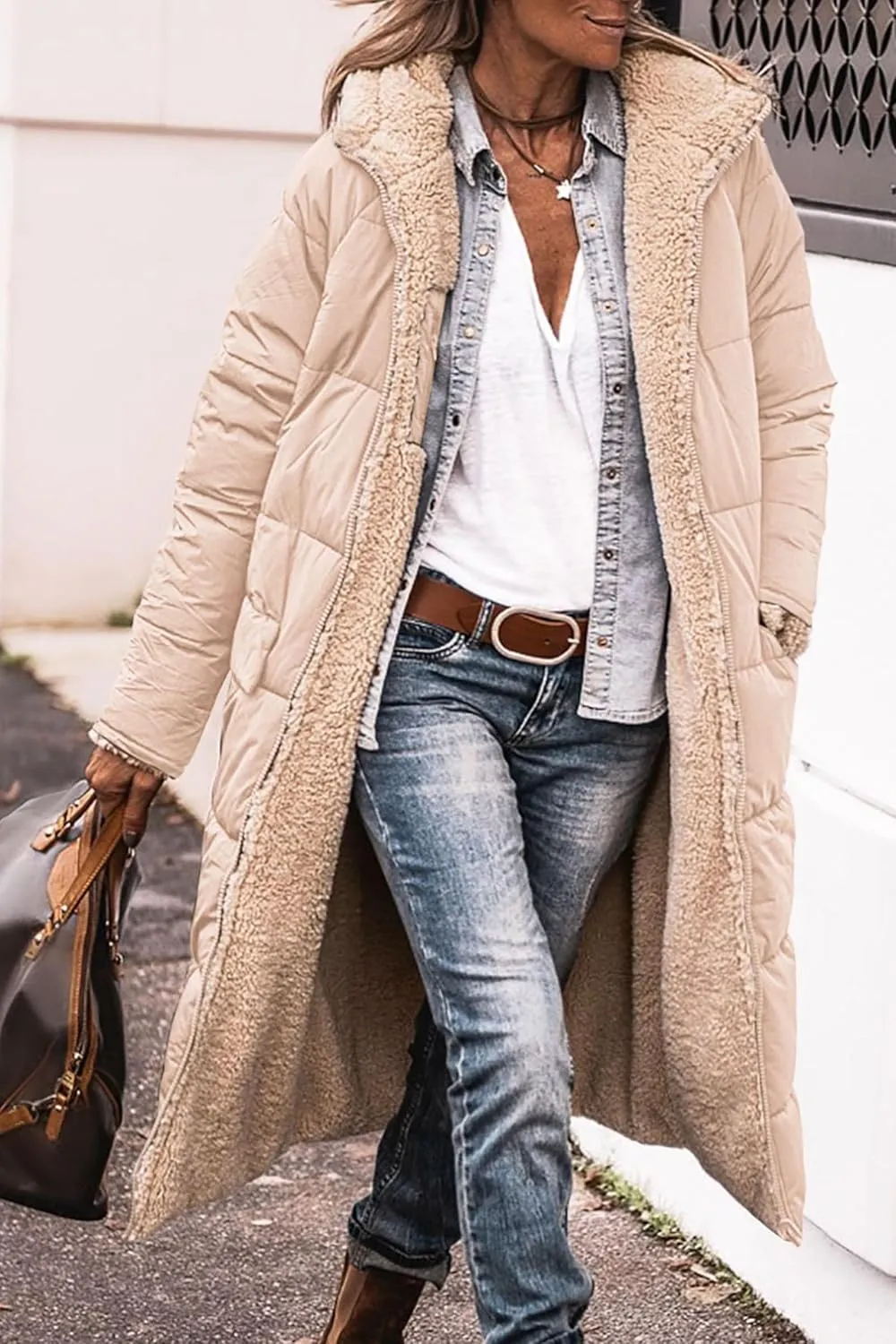 Reversible Jackets for Women Puffer Sherpa Fleece Zip Hoodie Coats Long Down Winter Warm Outerwear with Pockets