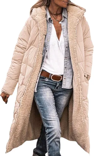 Reversible Jackets for Women Puffer Sherpa Fleece Zip Hoodie Coats Long Down Winter Warm Outerwear with Pockets