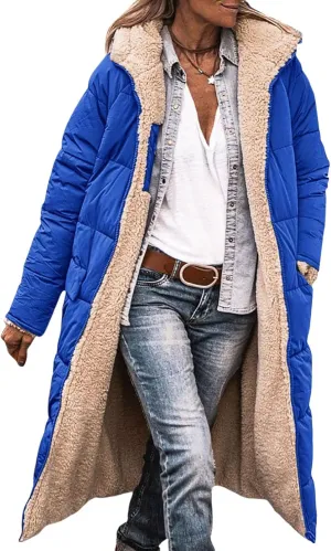 Reversible Jackets for Women Puffer Sherpa Fleece Zip Hoodie Coats Long Down Winter Warm Outerwear with Pockets