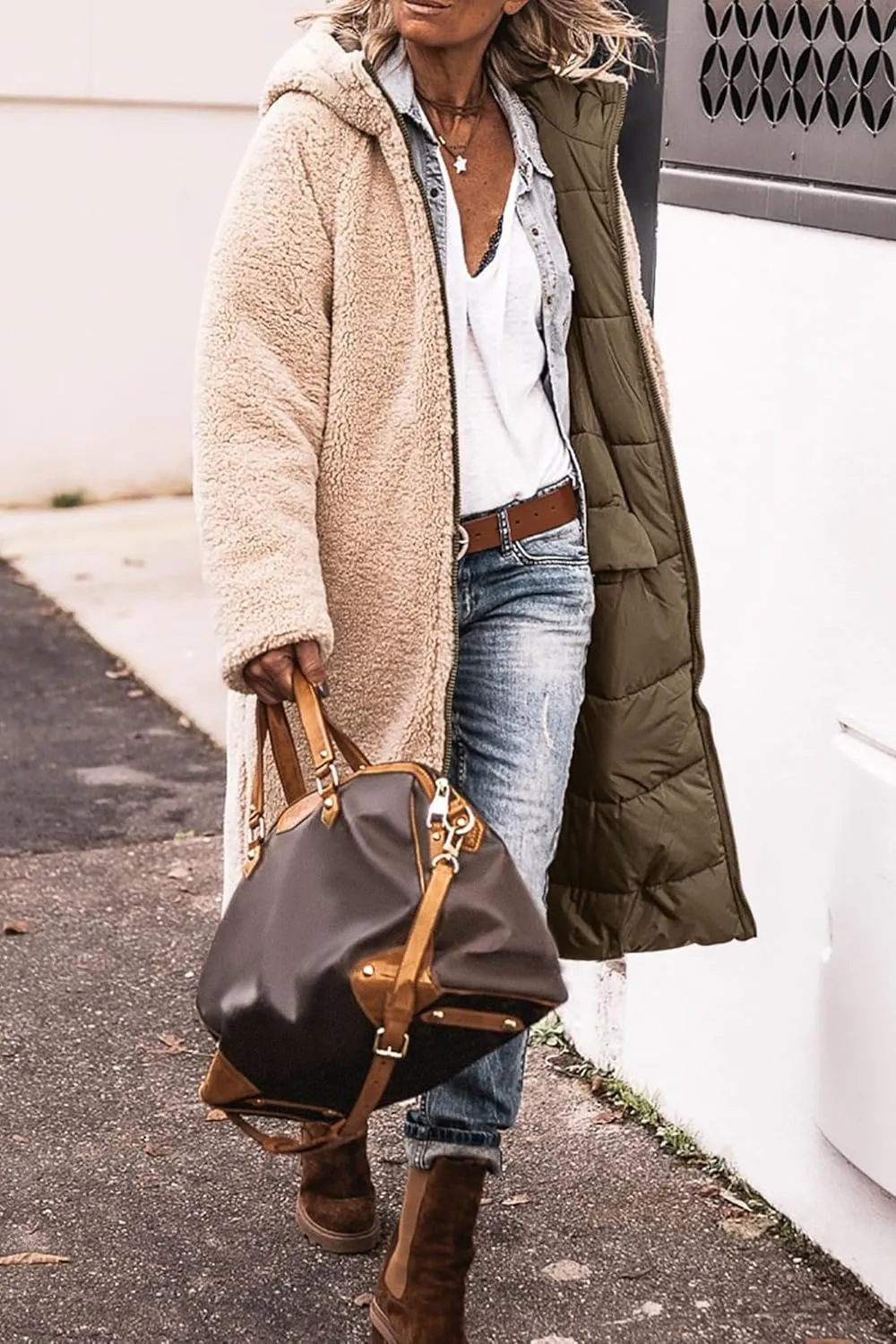 Reversible Jackets for Women Puffer Sherpa Fleece Zip Hoodie Coats Long Down Winter Warm Outerwear with Pockets