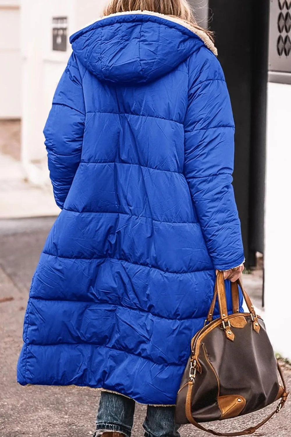 Reversible Jackets for Women Puffer Sherpa Fleece Zip Hoodie Coats Long Down Winter Warm Outerwear with Pockets