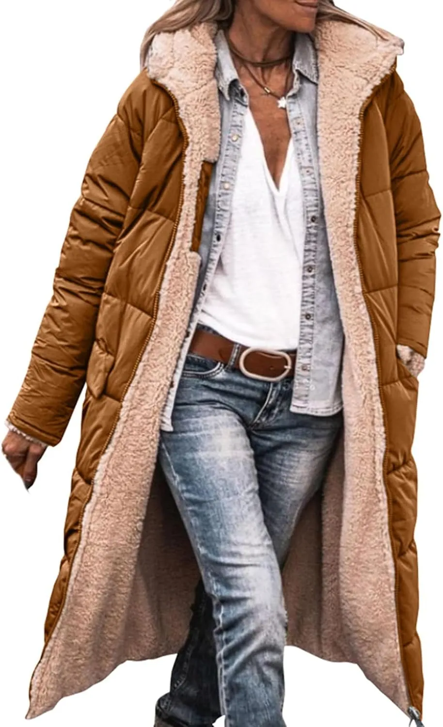 Reversible Jackets for Women Puffer Sherpa Fleece Zip Hoodie Coats Long Down Winter Warm Outerwear with Pockets
