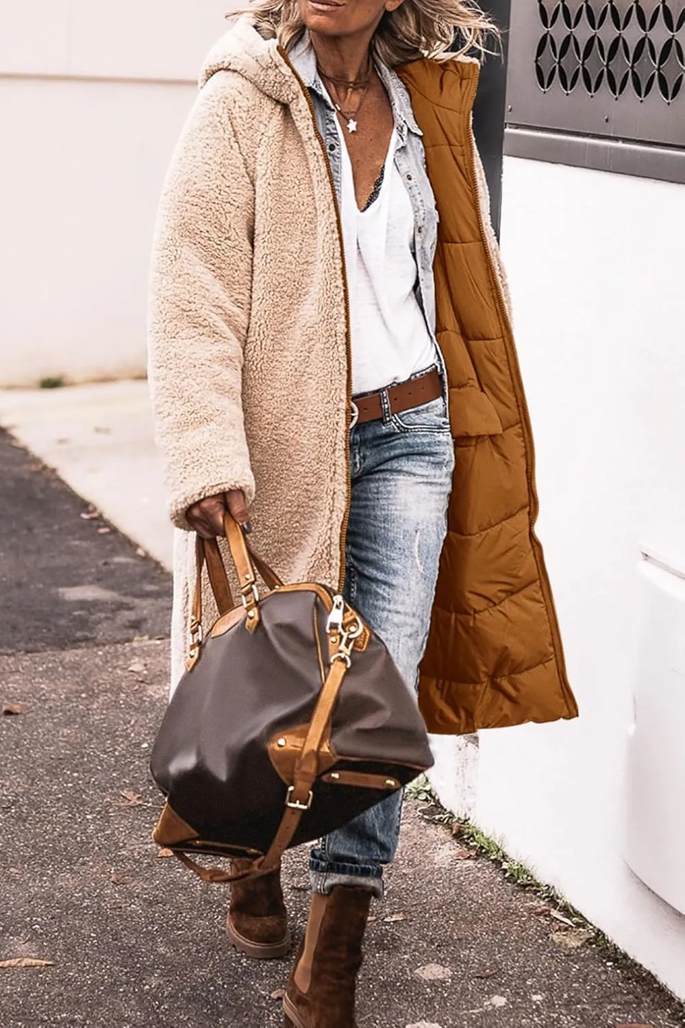 Reversible Jackets for Women Puffer Sherpa Fleece Zip Hoodie Coats Long Down Winter Warm Outerwear with Pockets
