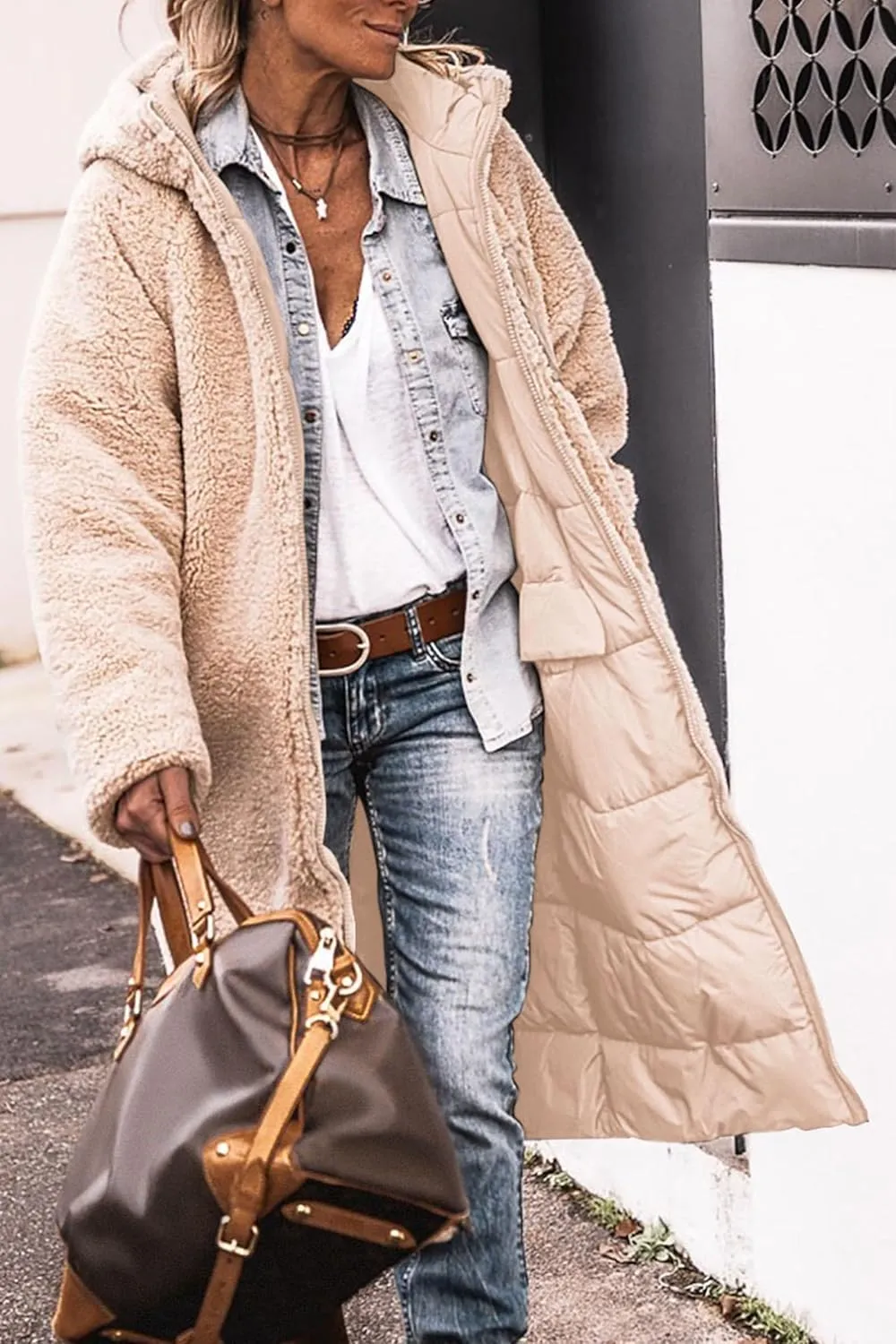 Reversible Jackets for Women Puffer Sherpa Fleece Zip Hoodie Coats Long Down Winter Warm Outerwear with Pockets