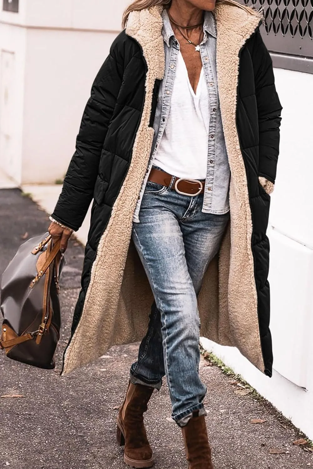 Reversible Jackets for Women Puffer Sherpa Fleece Zip Hoodie Coats Long Down Winter Warm Outerwear with Pockets